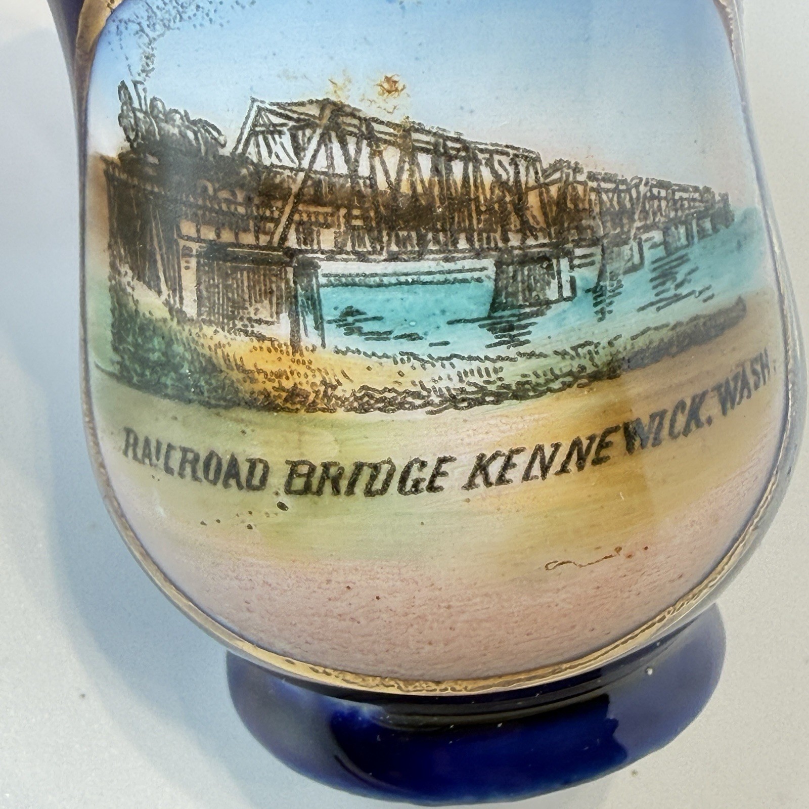 KENNEWICK WA WASHINGTON Antique RAILROAD BRIDGE Souvenir COBALT TRINKET
