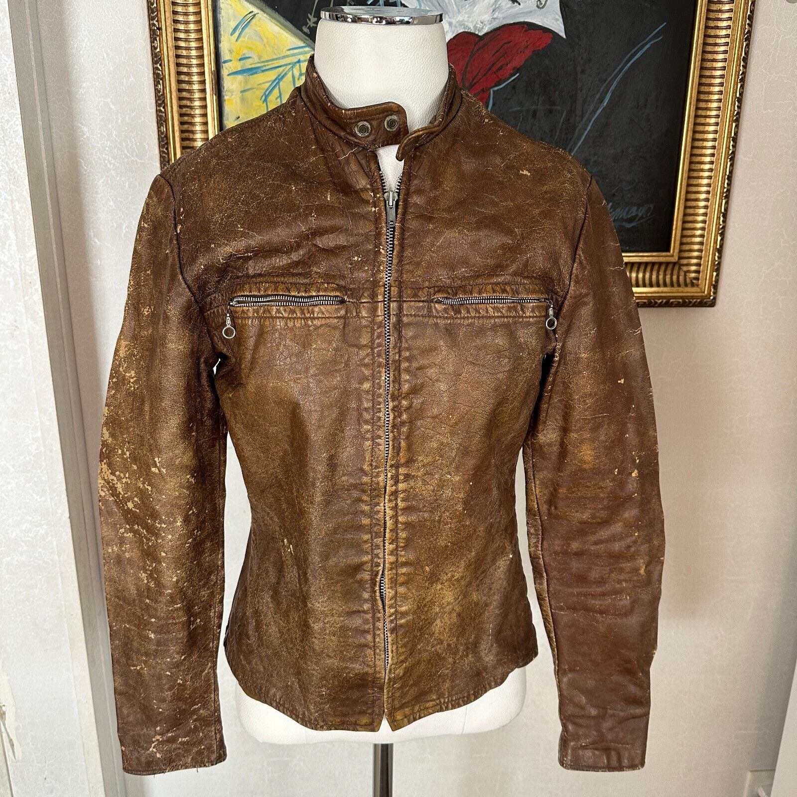 Vintage 60s Harley Davidson Women’s Brown Leather Motorcycle Jacket Mens Sz 34 M