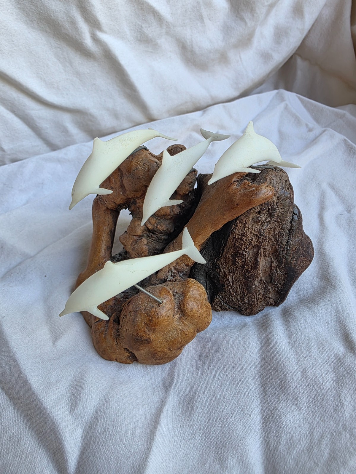 Vintage John Perry Studio White Dolphin Pod Family Sculpture on Natural Burlwood