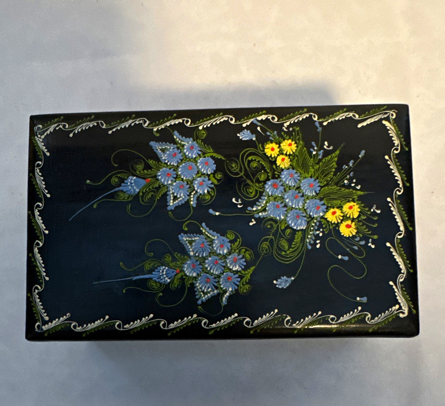 Vintage Hand Painted Black Lacquer Trinket Box Floral Wood Hinged 5” Folk Art