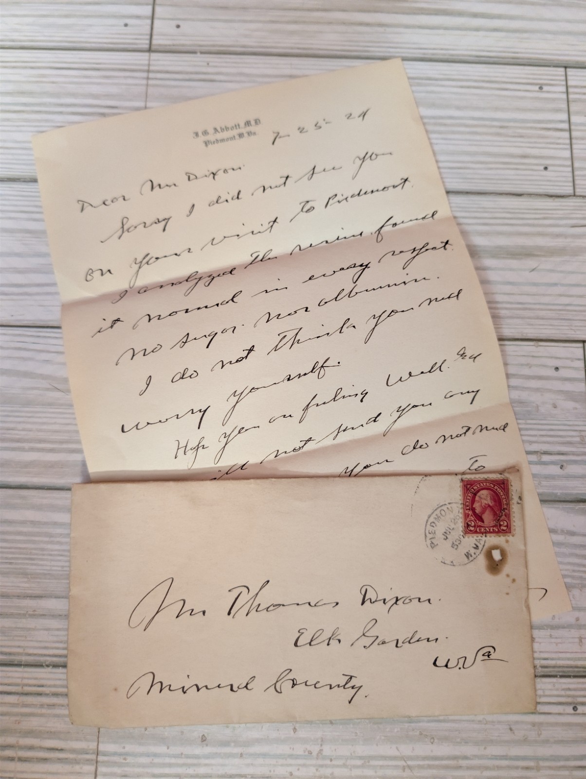 1924 Medical Doctor Handwritten Letter & Envelope J.G. Abbott MD Piedmont WV