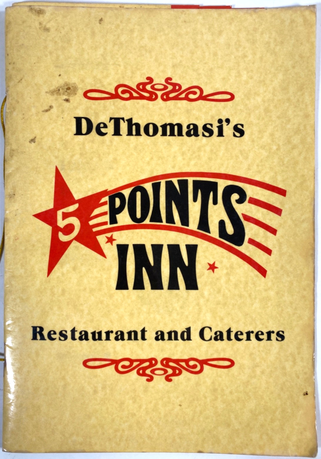 1958 DeTHOMASI\'S 5 POINTS INN vintage Italian dinner menu VINELAND, NEW JERSEY