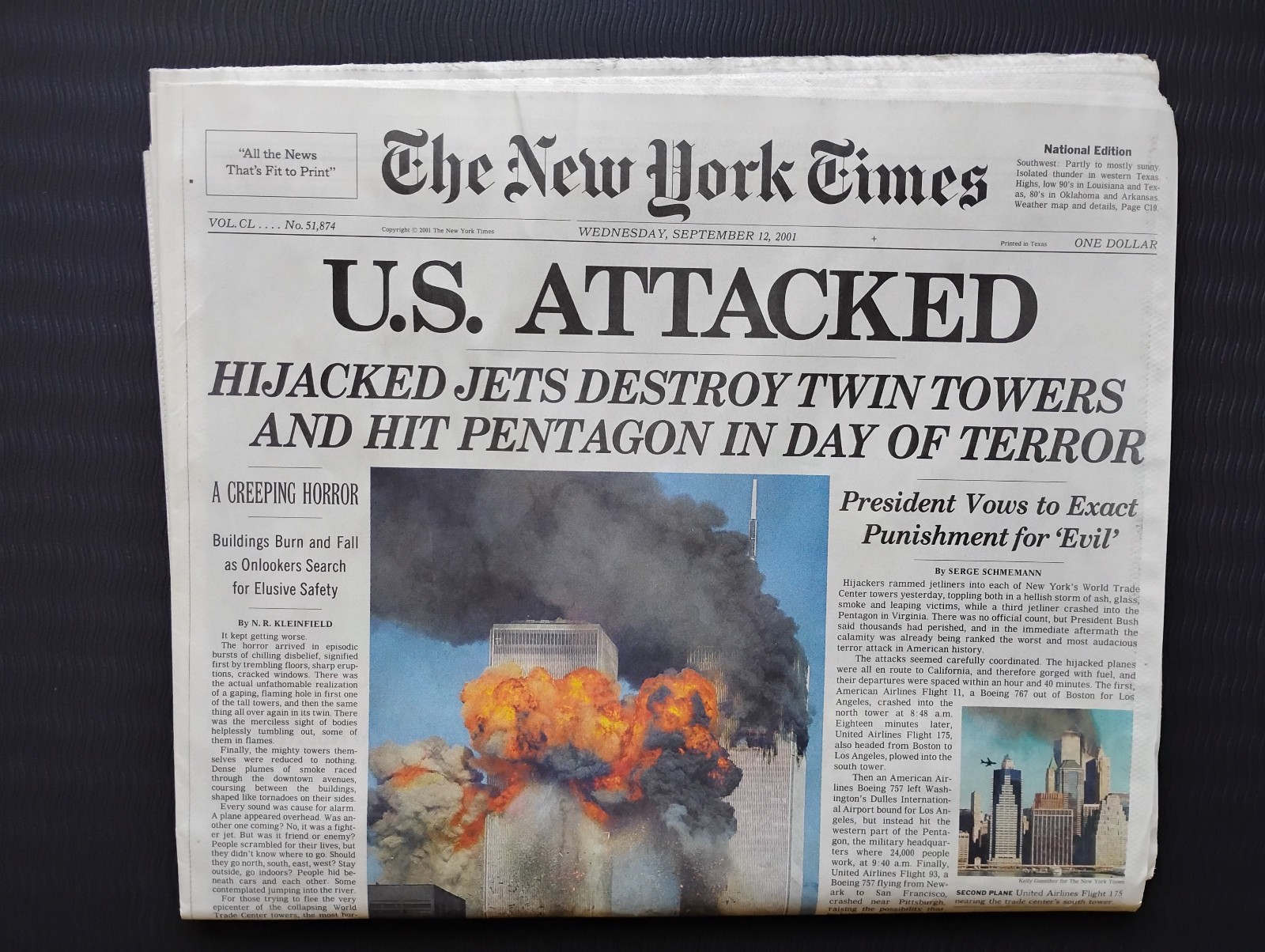 ORIGINAL Uncirculated September 12, 2001 NEW YORK TIMES Newspaper ~ 9/11 issue