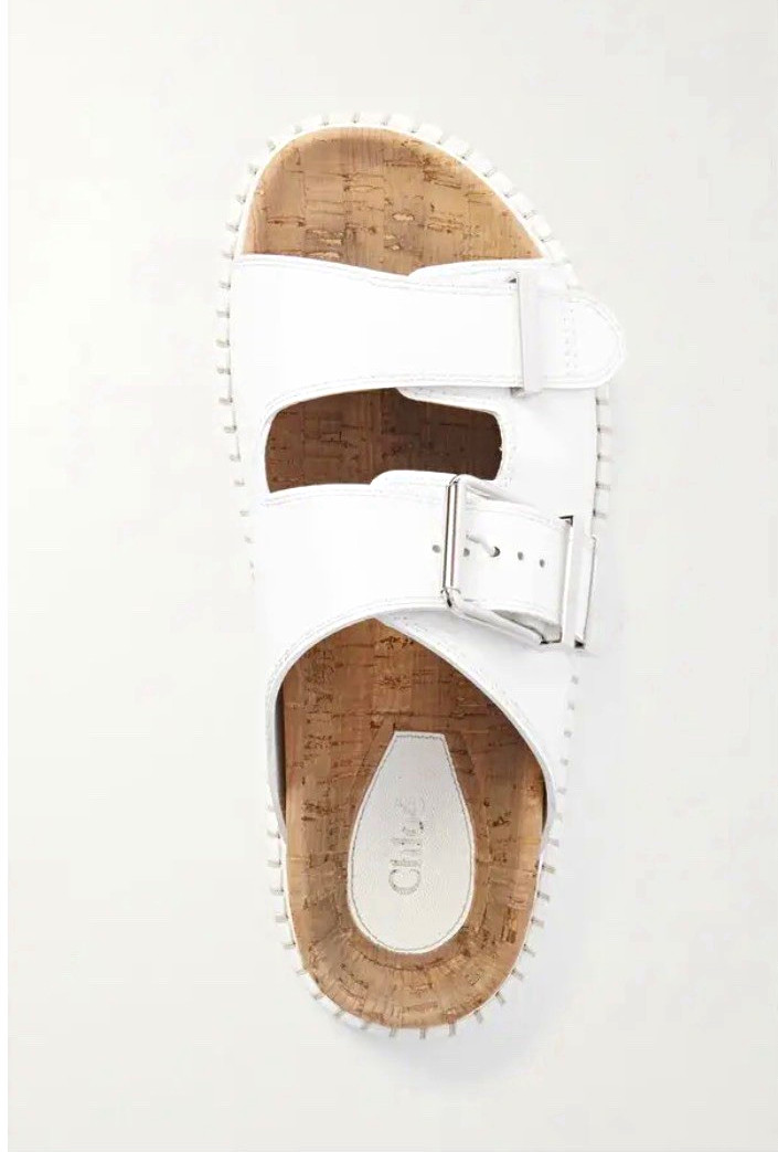Chloé White Leather Slide Sandals Cork Footbed Buckle Adjustable Strap EU 38