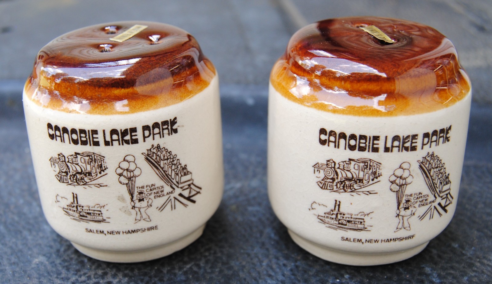 Vintage Canobie Lake Park Salt & Pepper Shakers.  Brown Drip Design. Never Used