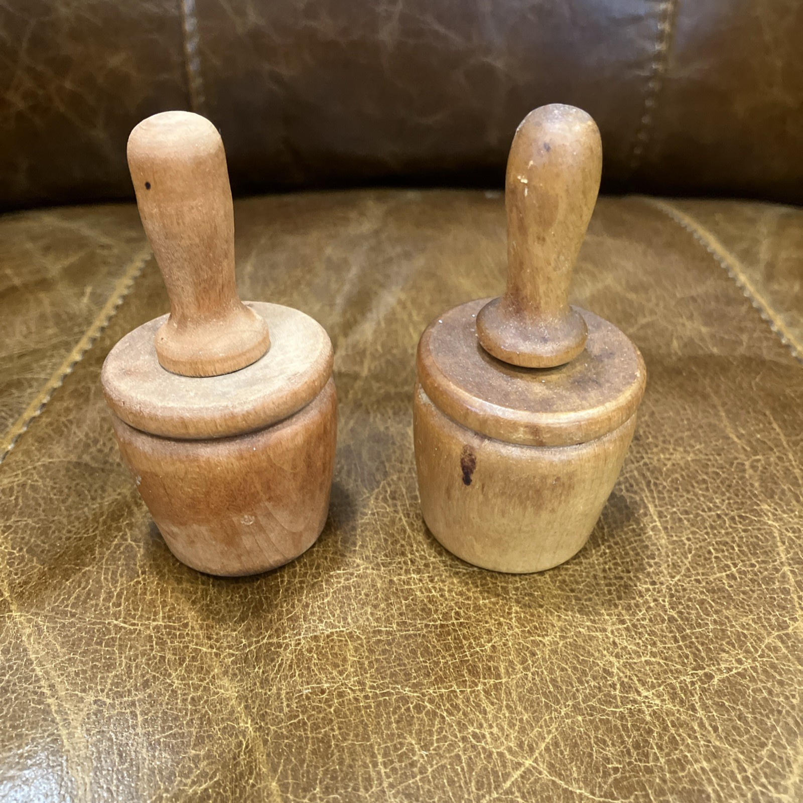 Pair Of Vintage Wooden Amish Butter Molds, Folk Art, Flower Stamps, 3 Inches