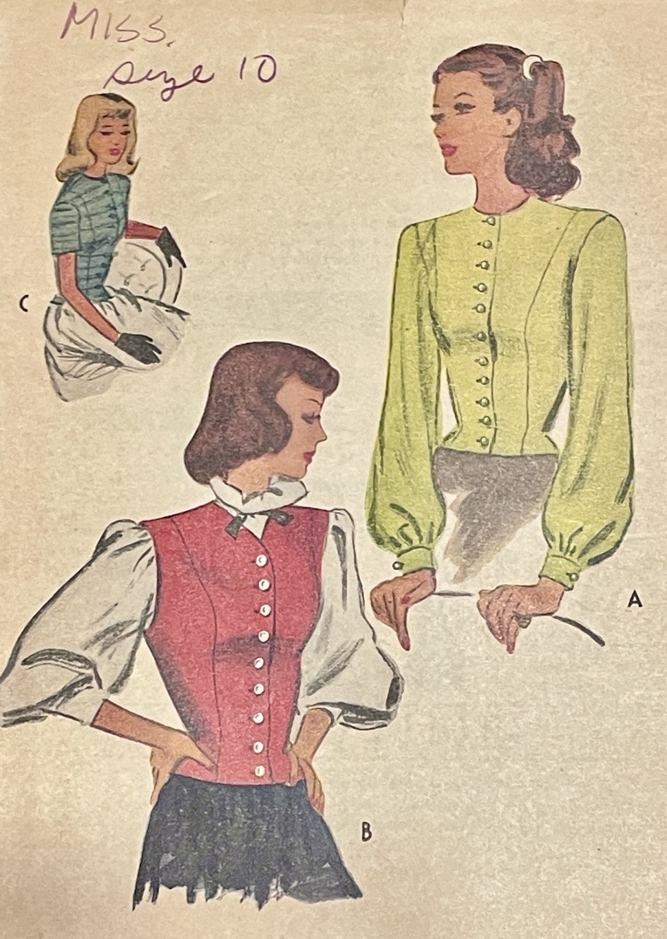 40’s McCall 6612 1946 Sewing Pattern Women’s Fit Top Weskit Bishop Slv B30