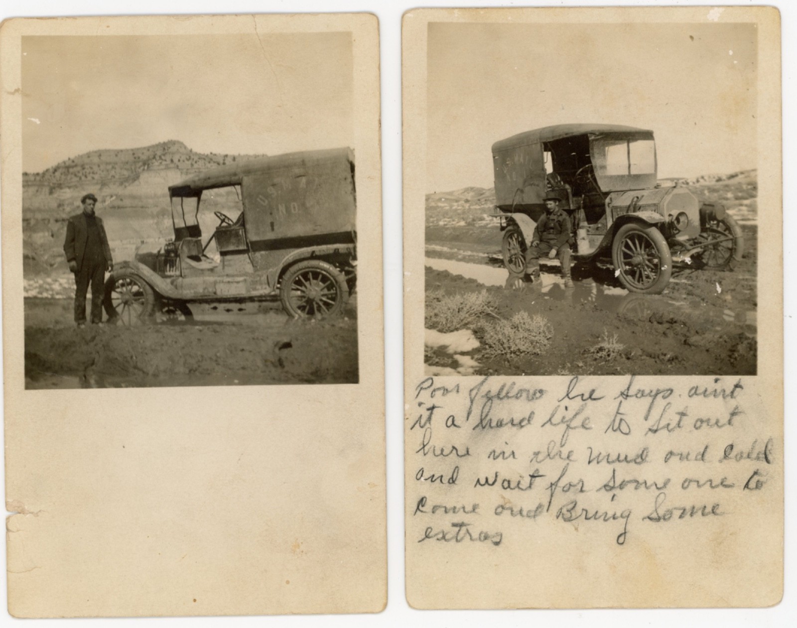2x RPPC RFD Mail Delivery Car – Model T Era – stuck in Mud Scene – c1915 rare
