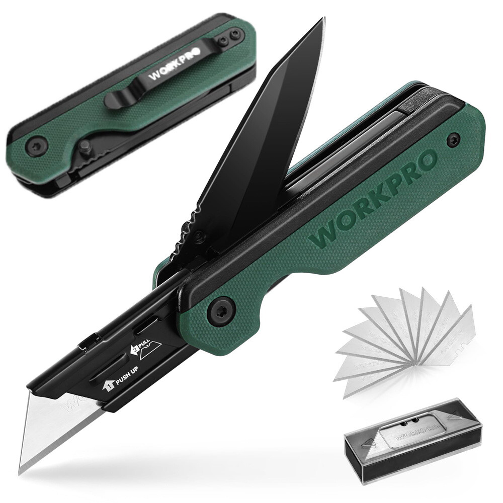 WORKPRO 2-in-1 Pocket Knife Folding Utility Knife Box Cutter Quick-Change Blades