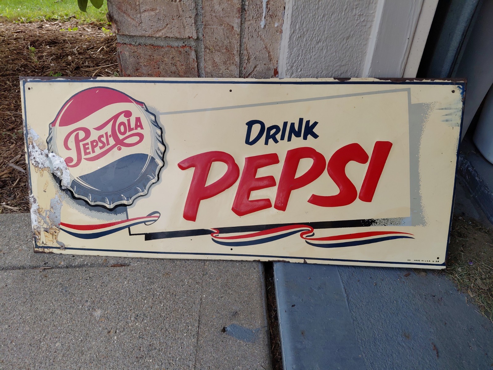 c.1952 Original Vintage Drink Pepsi Sign Metal Embossed Bottle Cap RARE Soda