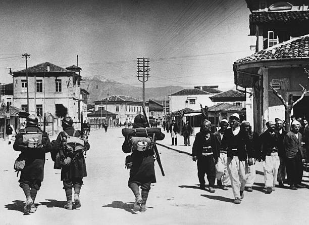 Armed Albanian peasants and soldiers at the end of their march to - Old Photo