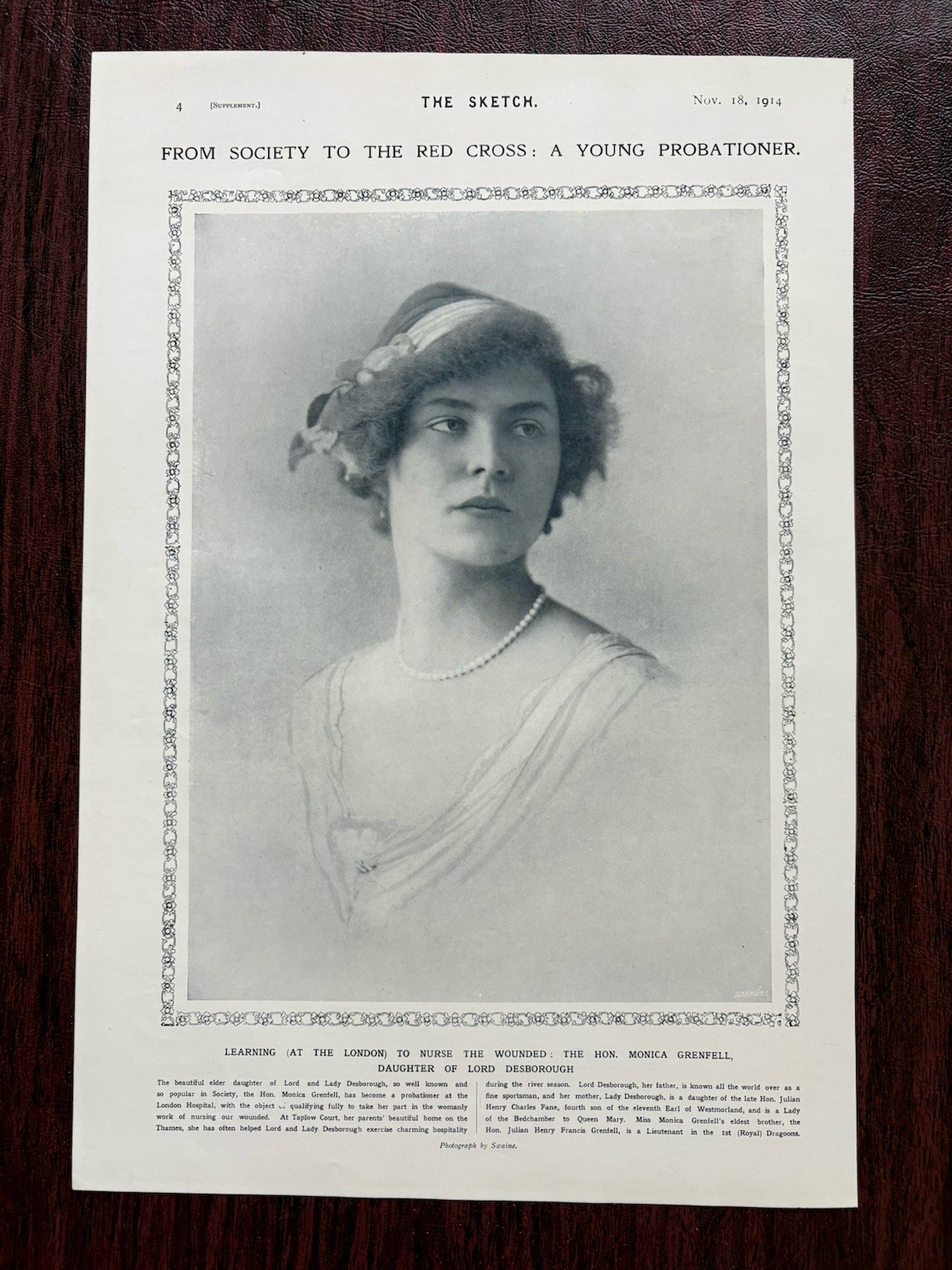 Hon. Monica Grenfell Lord Desborough Sir John Salmond Swaine Photo Sketch 1914