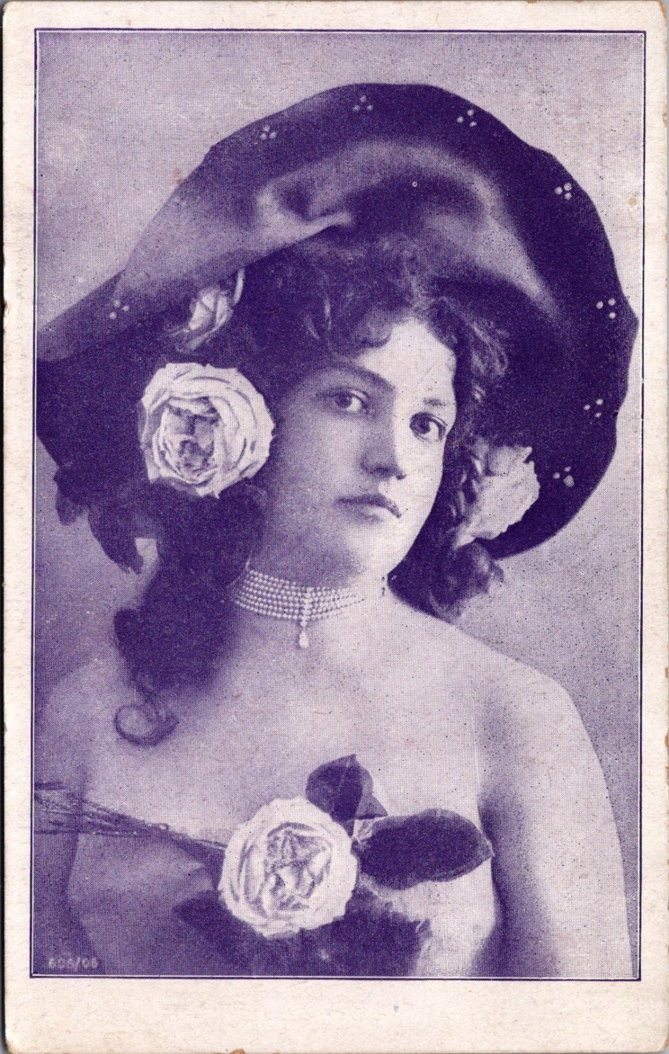 1908 Vintage Postcard Beautiful Woman Large Hat Pearl Necklace Roses E.C.A.