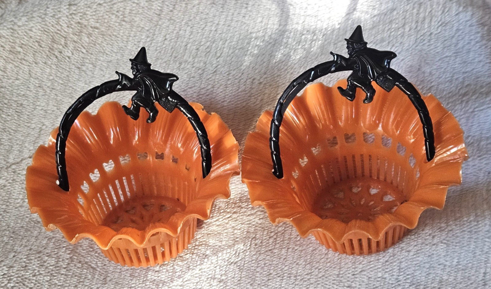 2 Vintage Halloween 50\'s Best Plastic Orange & Black Witch Candy Nut Cup Baskets