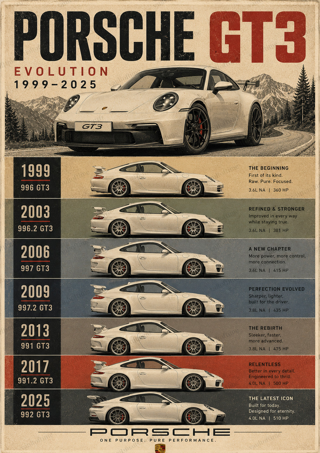 Porsche GT3 Evolution Poster 1999-2025 | 13x19 Matte Wall Art Print Decor