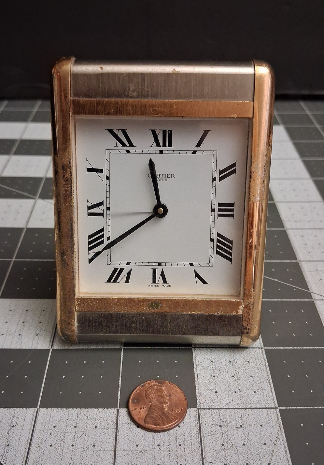 Vintage Cartier Paris Tank Desk Clock Two Tone Gold Steel Swiss Quartz 7505