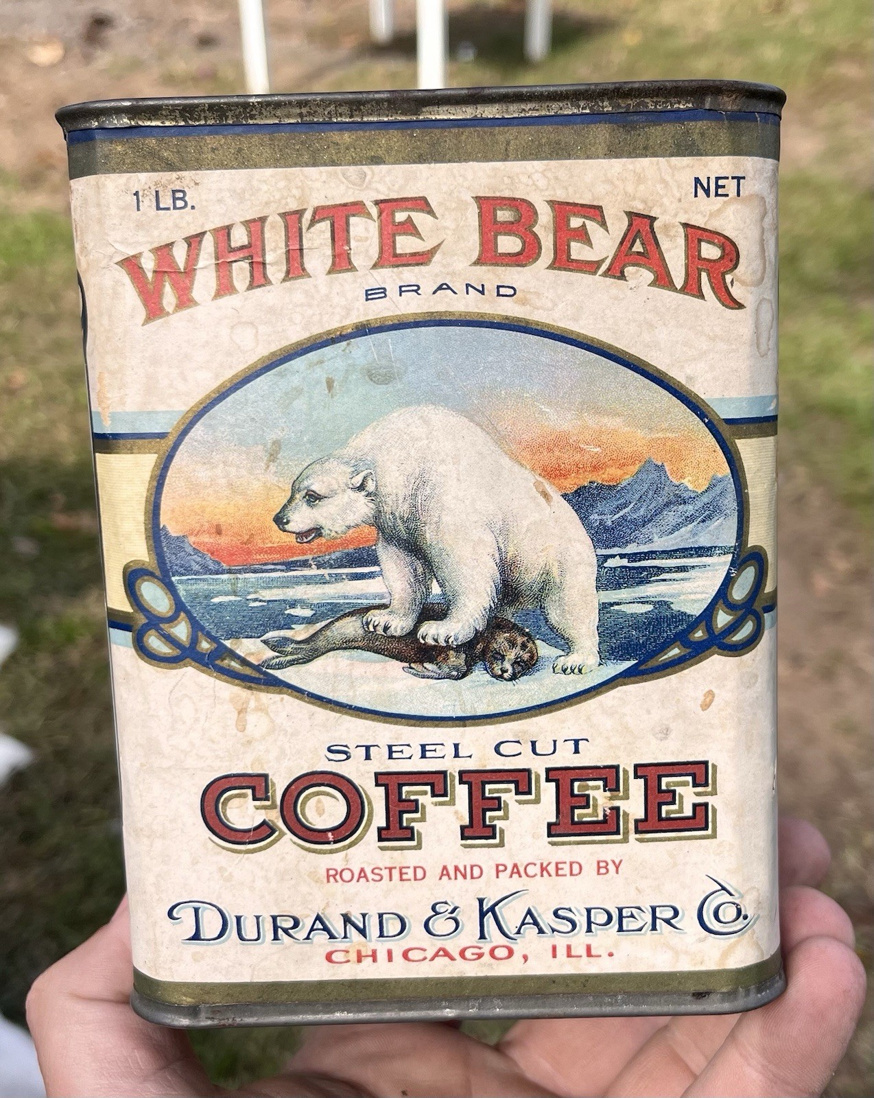 Antique White Bear Brand Coffee Advertising Can Polar Bear