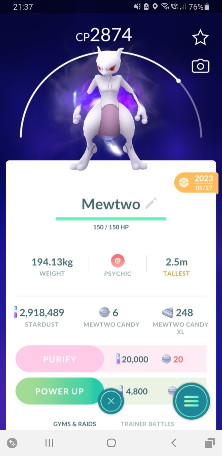 ✌Shadow Mewtwo (Crypto Mewtu) Purified 2023 Pokemon GO✌ Exchange or PTC 80k