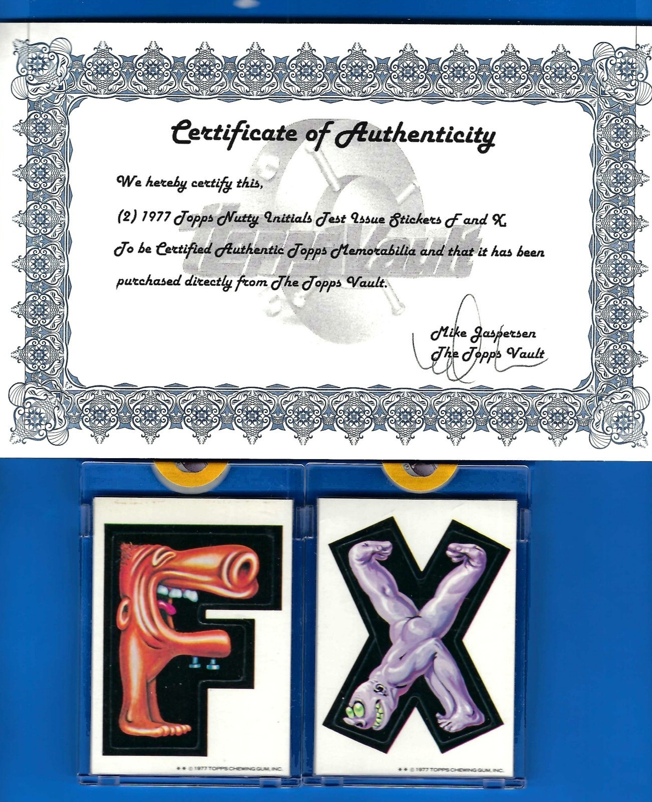 TOPPS VAULT 1977 NUTTY INITIALS TEST ISSUE F & X BLANK BACKS W/COA