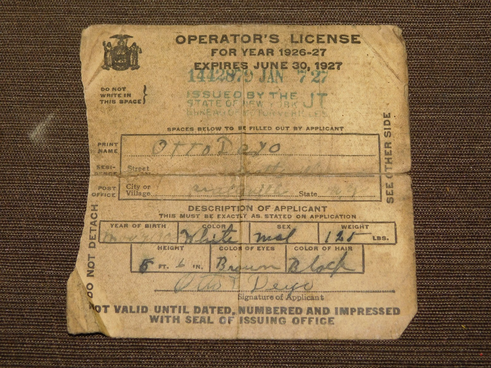 VINTAGE 1927 OTTO DEYO PRATTSVILLE NEW YORK MOTOR VEHICLE OPERATOR\'S CAR LICENSE