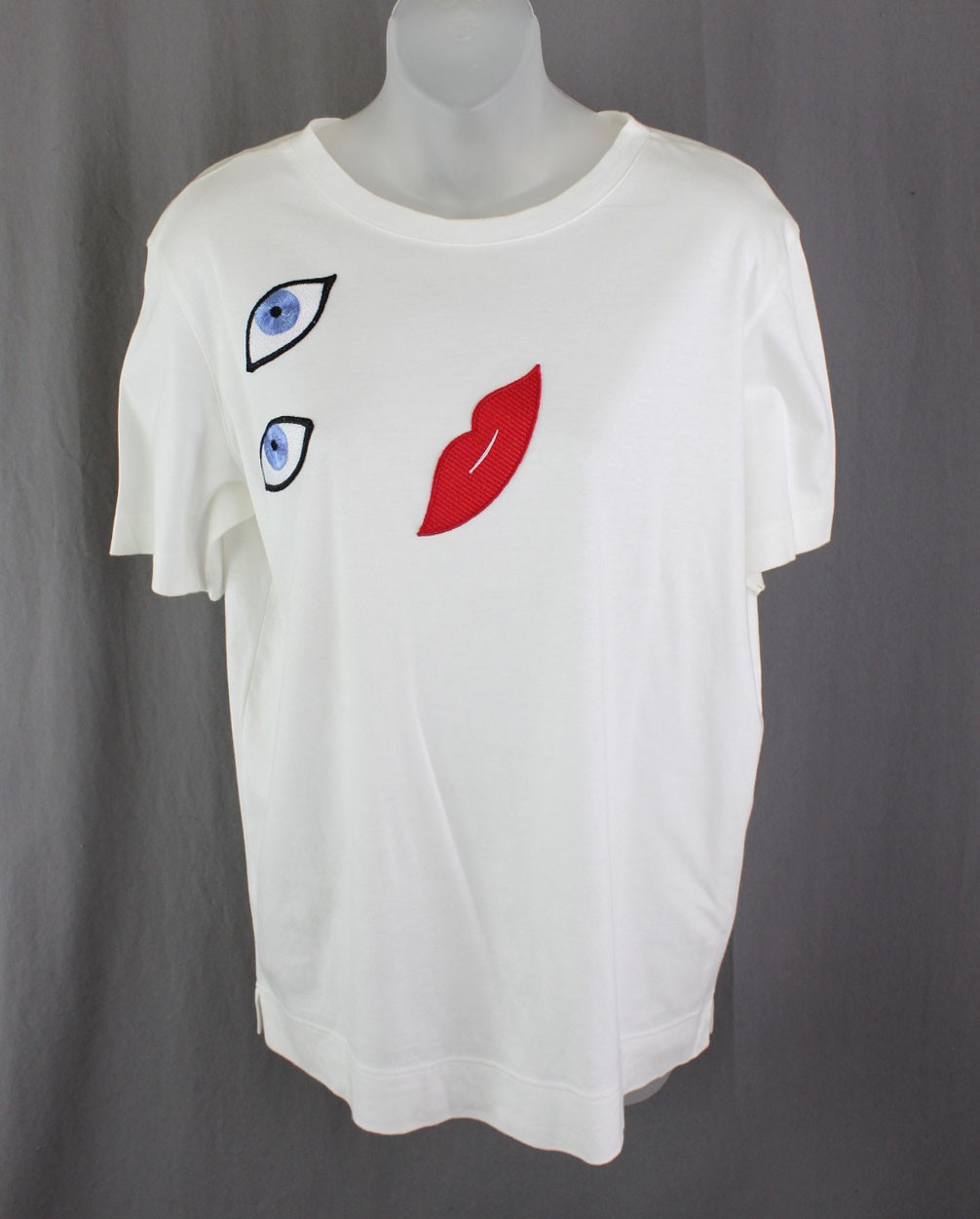Akris Women\'s White Cotton Embroidered Eyes Lips Short Sleeve T Shirt Top Size 8