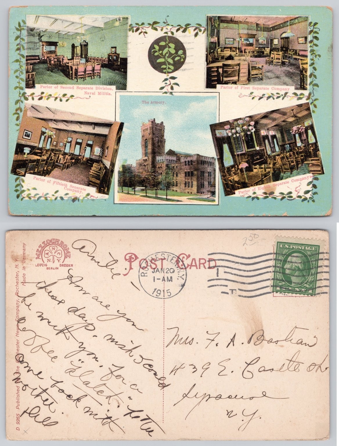 1915 Rochester NY Armory Naval Militia Parlors Mezzochrome Postcard