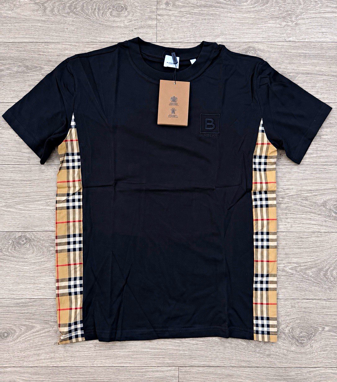 Burberry Men’s Black Logo Check Panel Crew Neck Short Sleeve T-Shirt L NWT