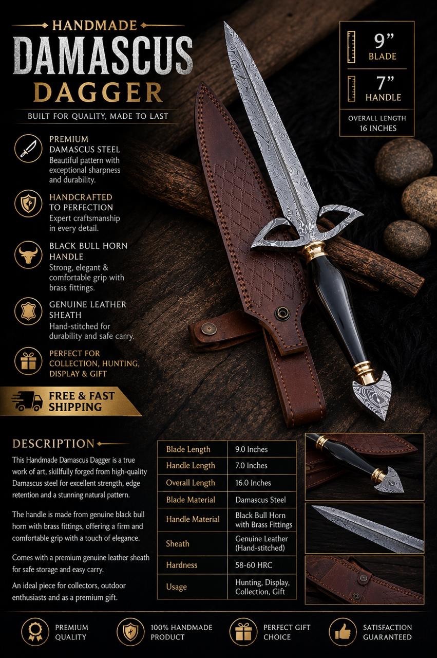 WILD BEAUTIFUL CUSTOM HANDCRAFTED DAMASCUS STEEL CAMPING VIKING PREMIUM  DAGGER
