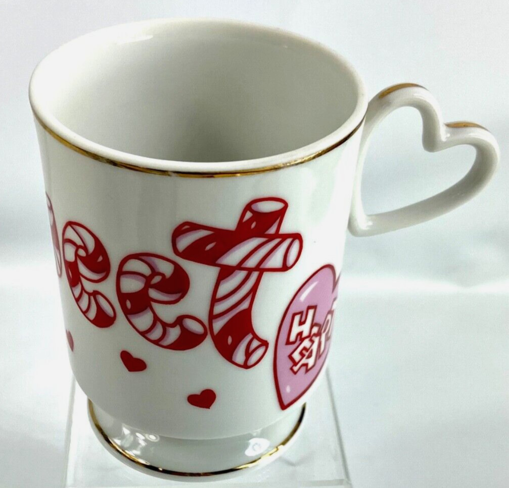 Vintage Lefton China Sweetheart Mug Heart Handle Footed Cup Red Hearts Valentine