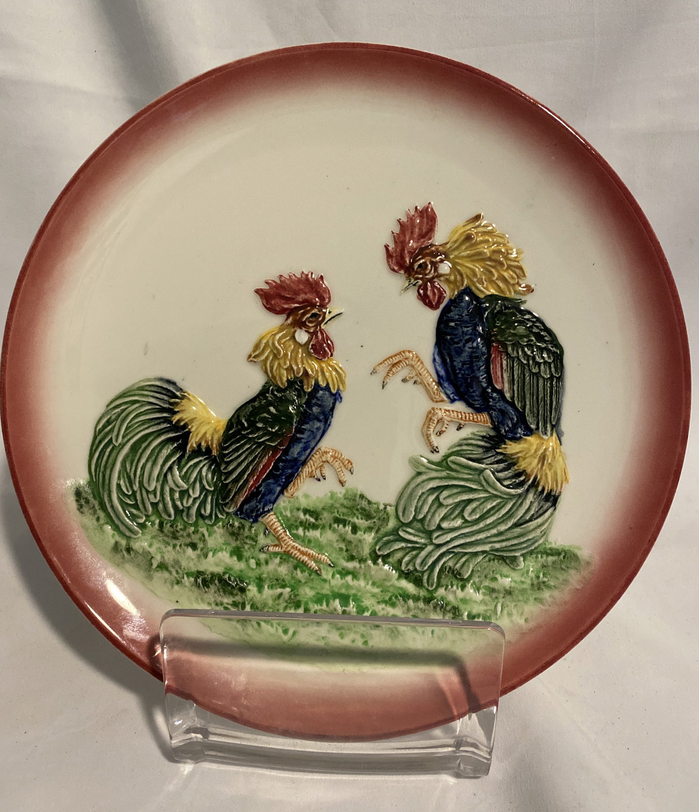 Vintage Hal-Sey Fifth Japan Majolica Roosters Wall Plate 8.75”