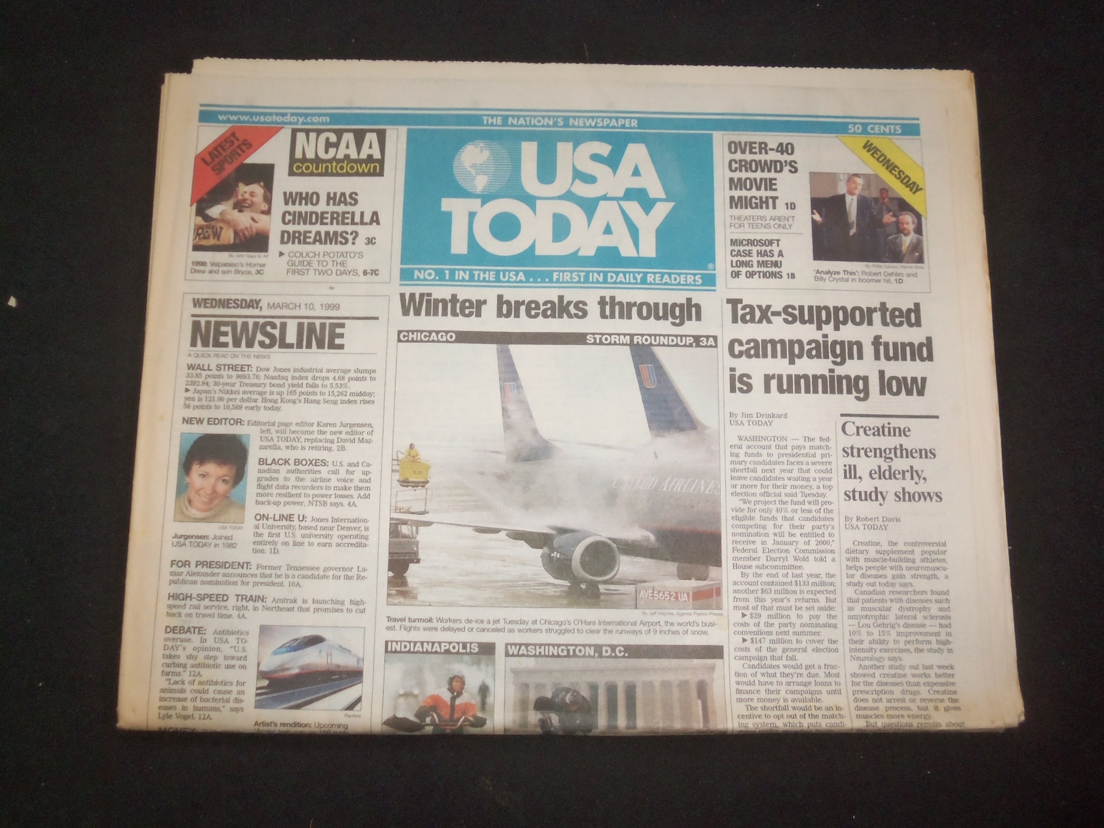 1999 MARCH 10 USA TODAY NEWSPAPER - CAMAPIGN FUND IS RUNNING LOW - NP 8010