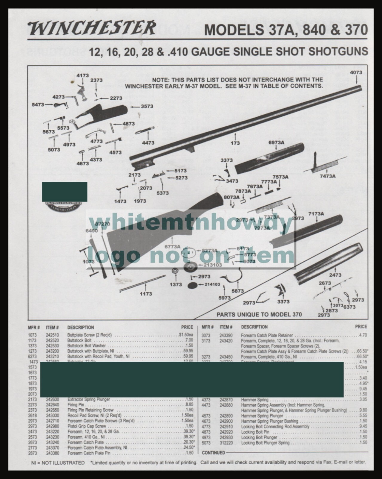 1999 WINCHESTER Model 37A , 849k 370 Shotgun  Schematic Parts List ad