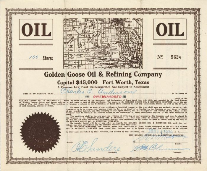 Golden Goose Oil and Refining Co. - Stock Certificate - Oil Stocks and Bonds