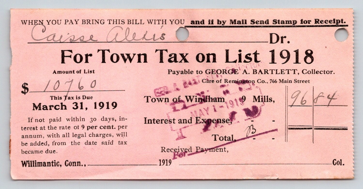 1919 Windham Mills Willimantic CT Town Tax Bill Receipt Ephemera Alexis
