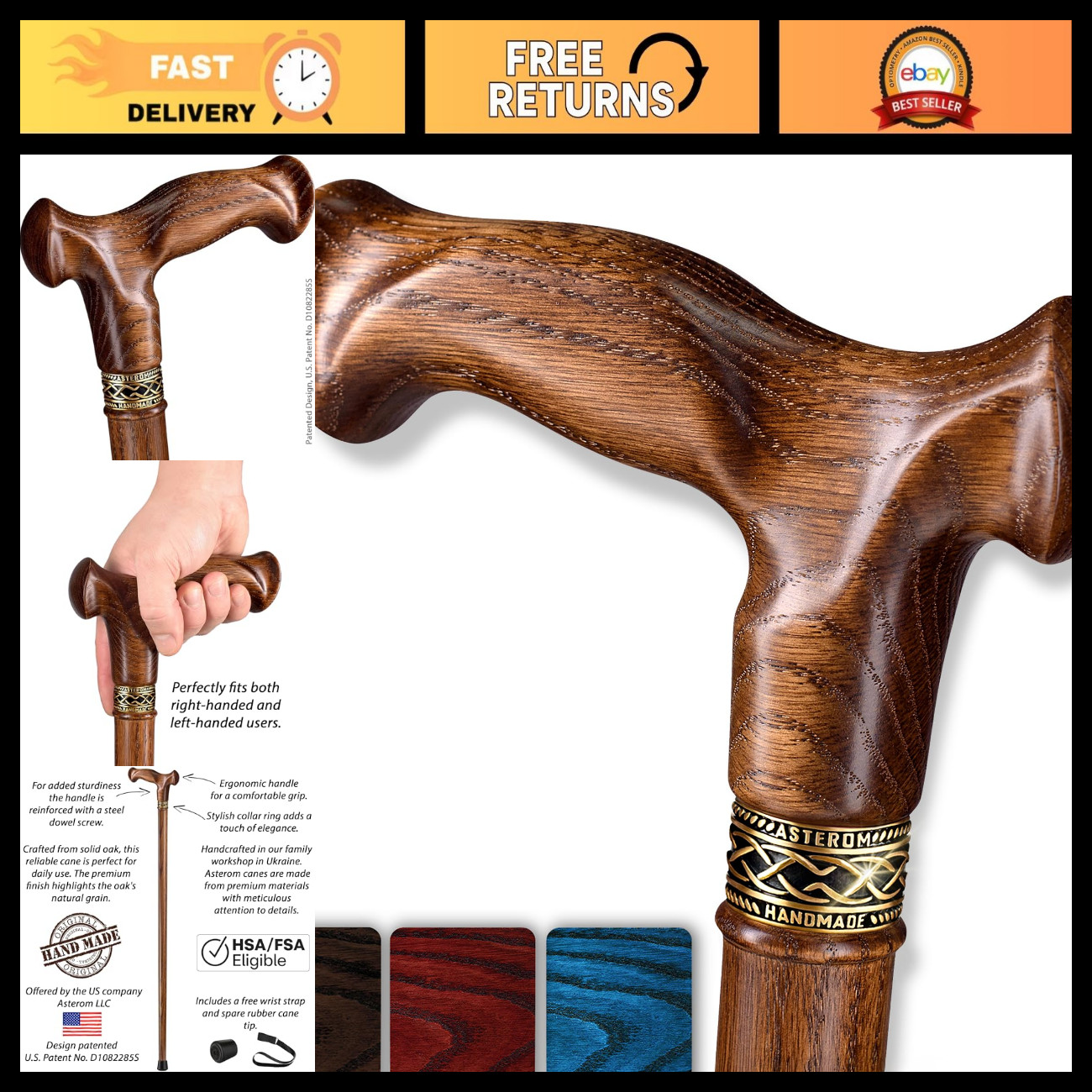 Asterom Handcrafted Canes for Men, Ergonomic Wooden Walking Cane, Oak Wood