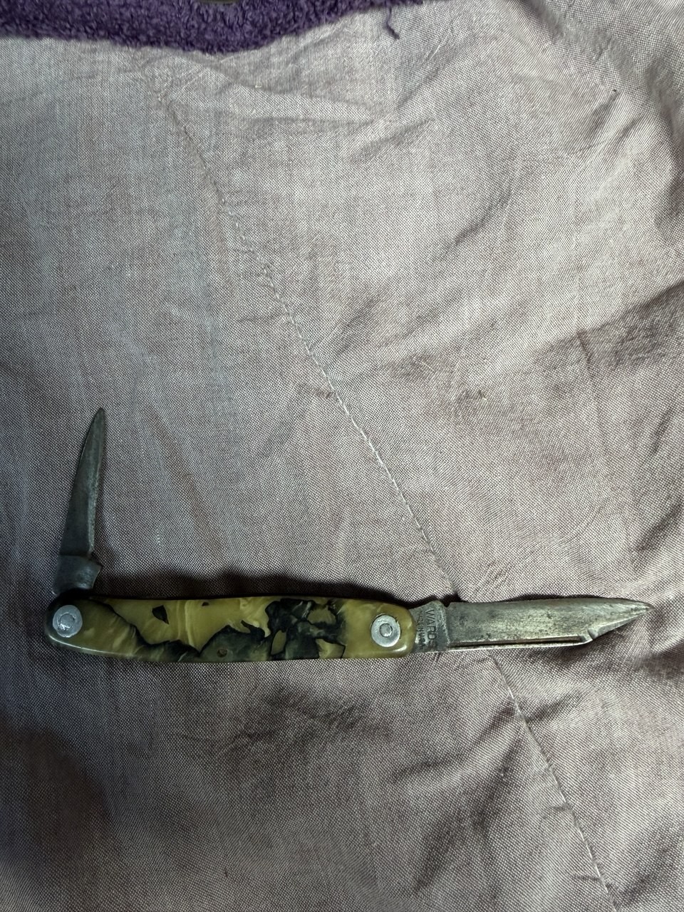 Vintage Wards Made in USA 2 Blade Pen Knife Olive Marbled Handle