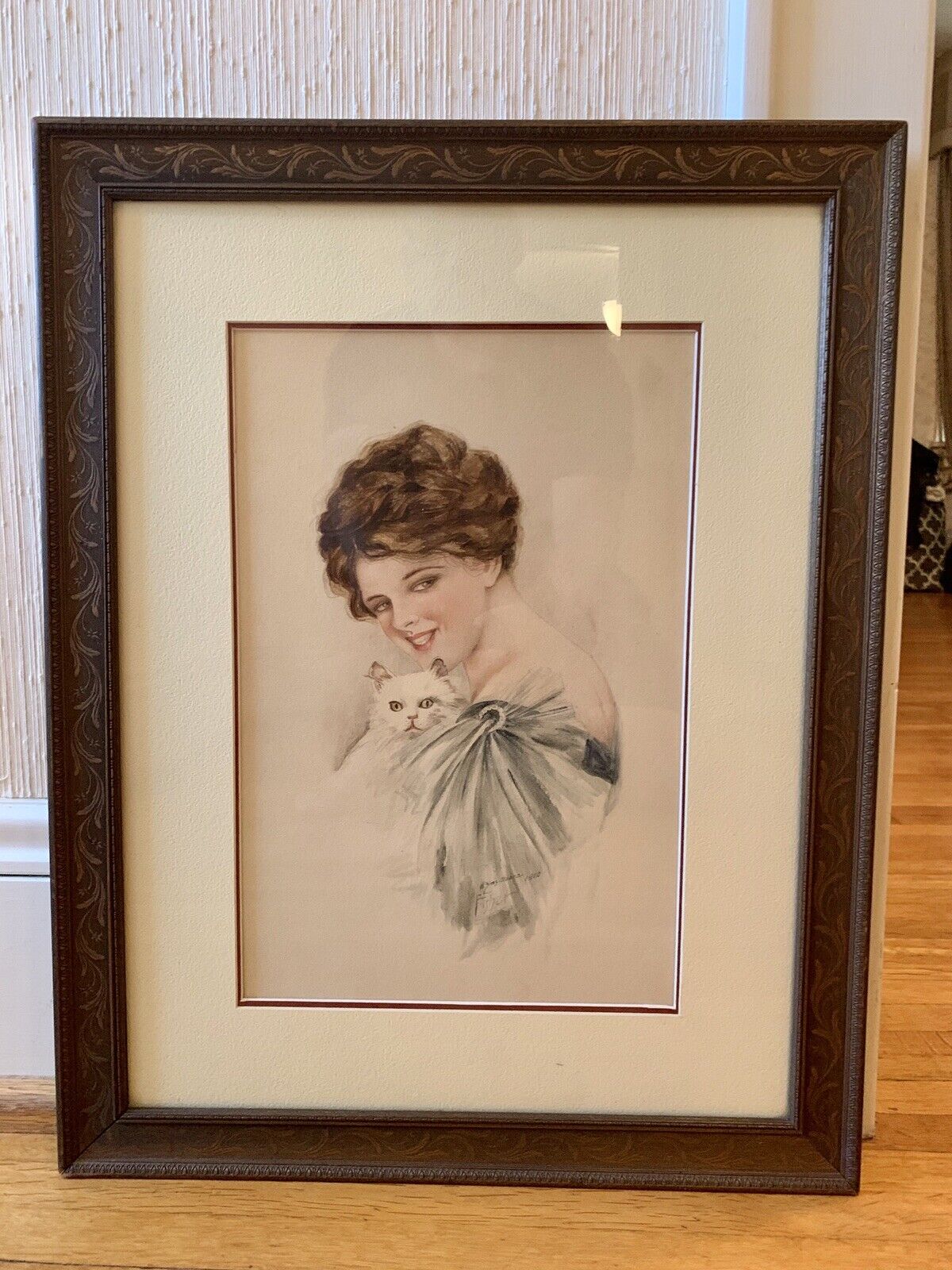 1910 vintage watercolor portrait of woman with cat- Gibson Girl quality
