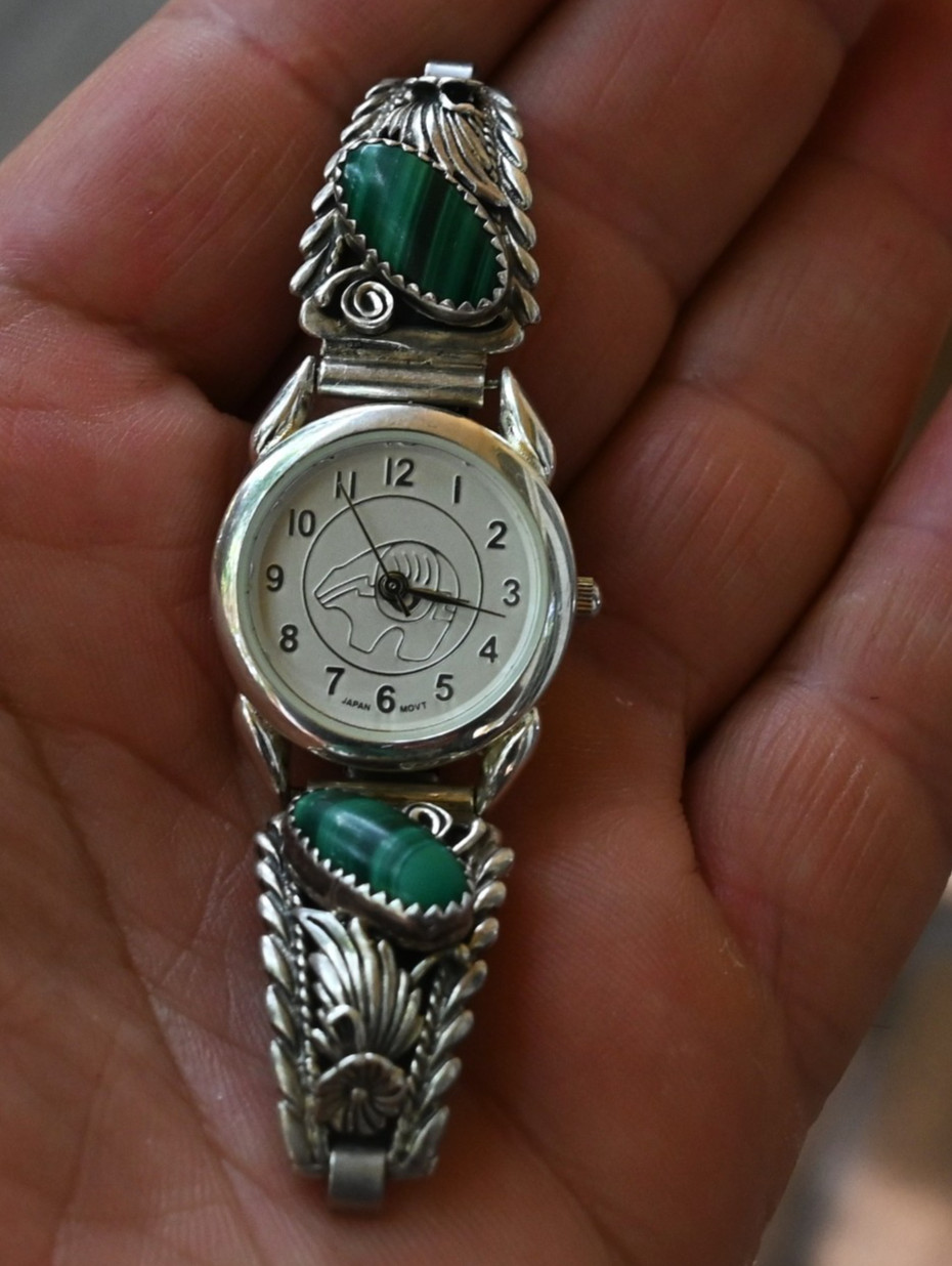Navajo Kenneth Jones sterling & malachite watch tips & stretch band w/ new watch