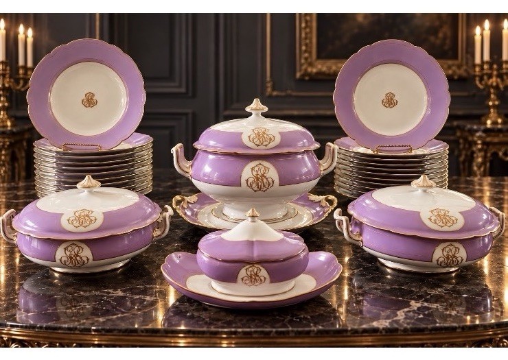 Antique Lerosey Old Paris Porcelain Dinner Service Lavender Plates Bowls Tureens