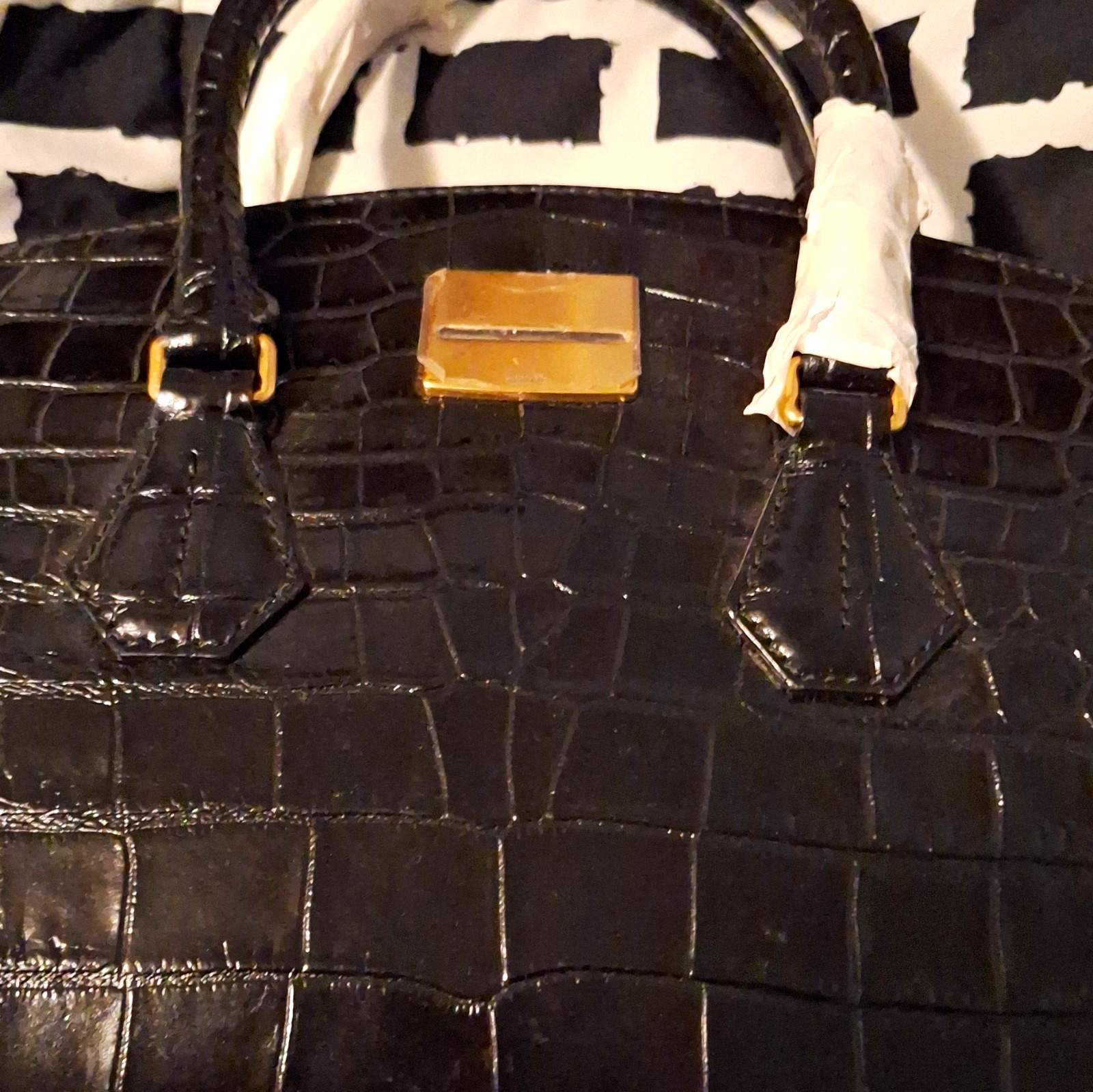 Bally Black Crocodile Pattern Medium Top Handle Satchel, Clasp, Gold Hardware