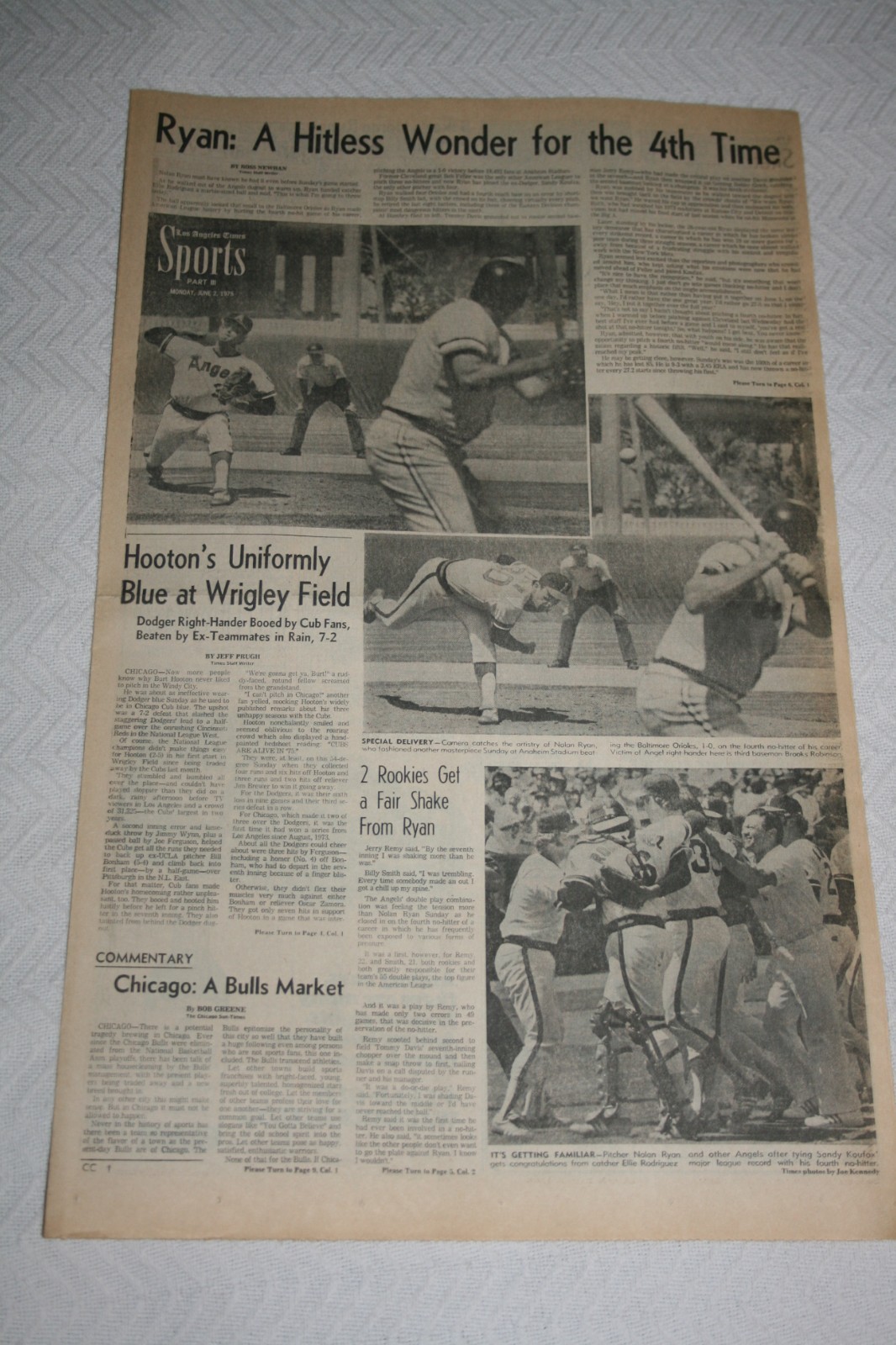 1975 Los Angeles Times * Nolan Ryan Hurls 4th No-Hitter * Ties Sandy Koufax