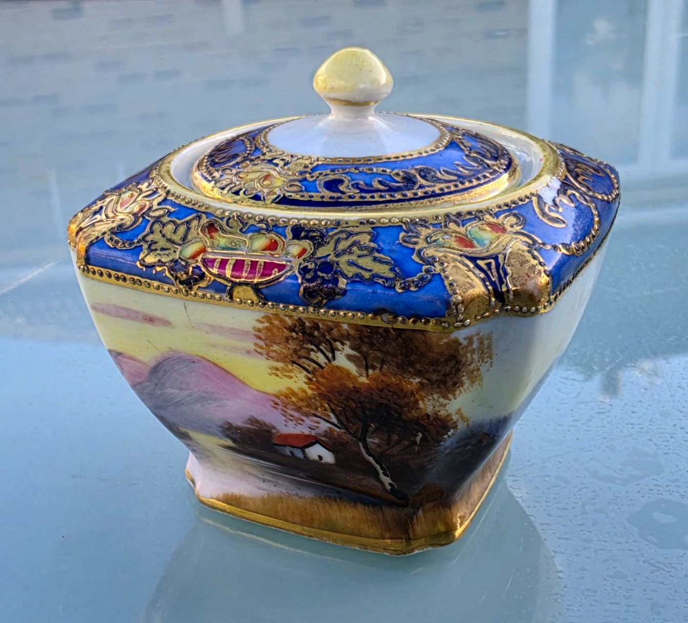 Vintage Noritake Japan Hand Painted Landscape Lidded Jar Moriage Enamel 1950s
