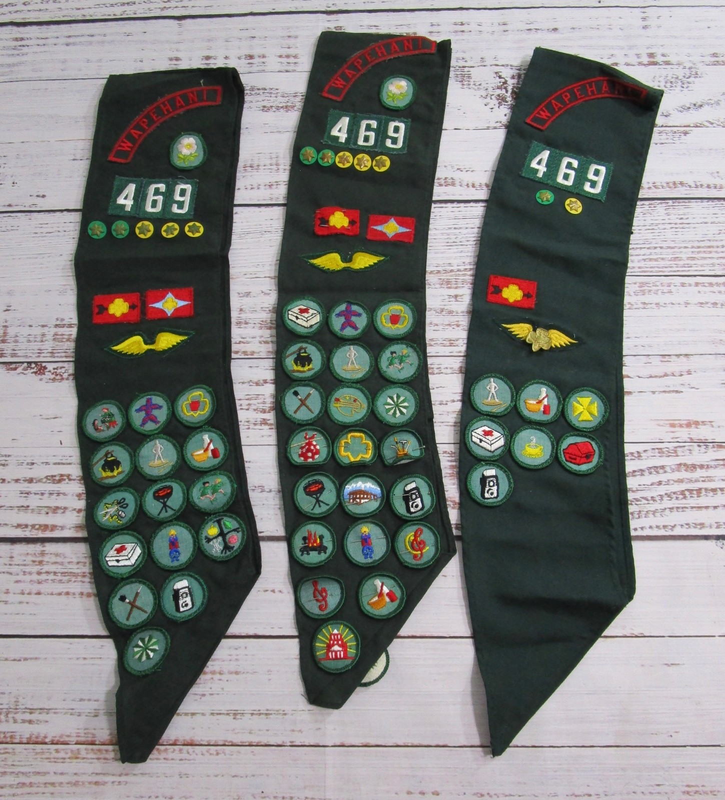 Lot Of 3 Vtg 1960s–70s Girl Scout Sashes Troop 469 “Wapehani” Badges Pins