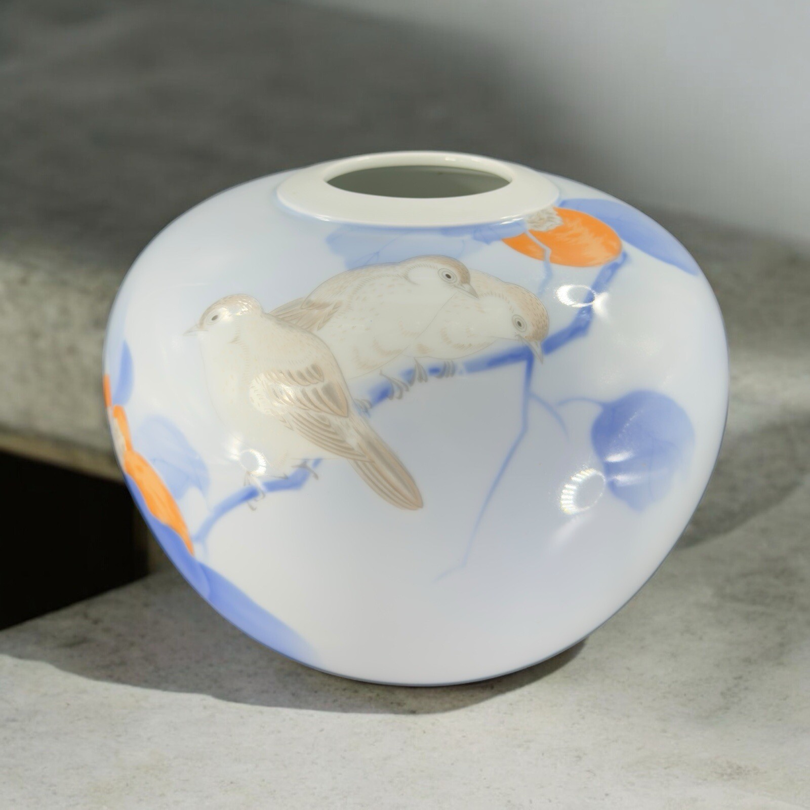 Vintage FUKAGAWA Porcelain Ceramic Painted Round Large Vase With Birds Flowers