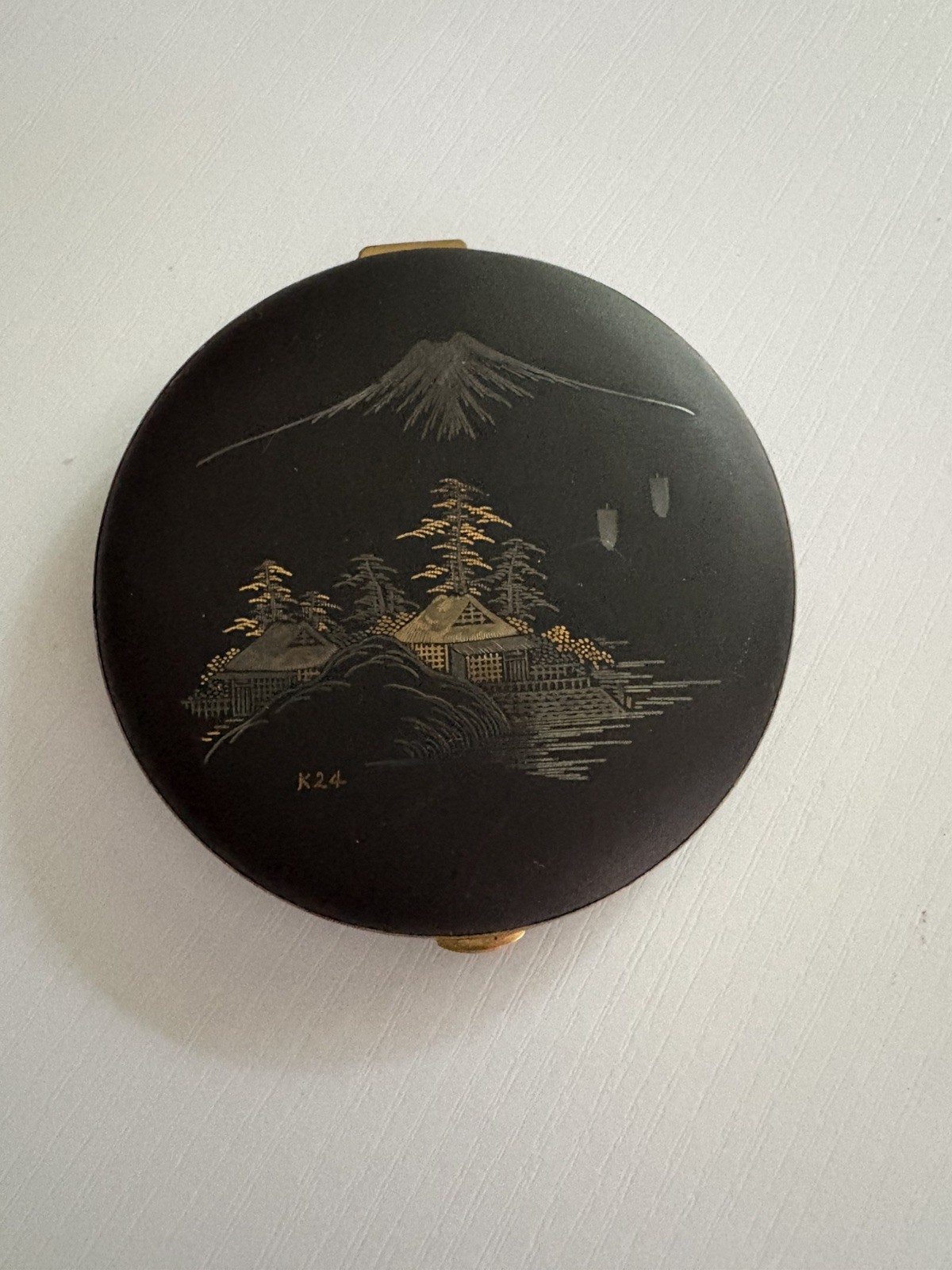 Vintage 1950s Japanese K24 Damascene Powder Compact Mt Fuji