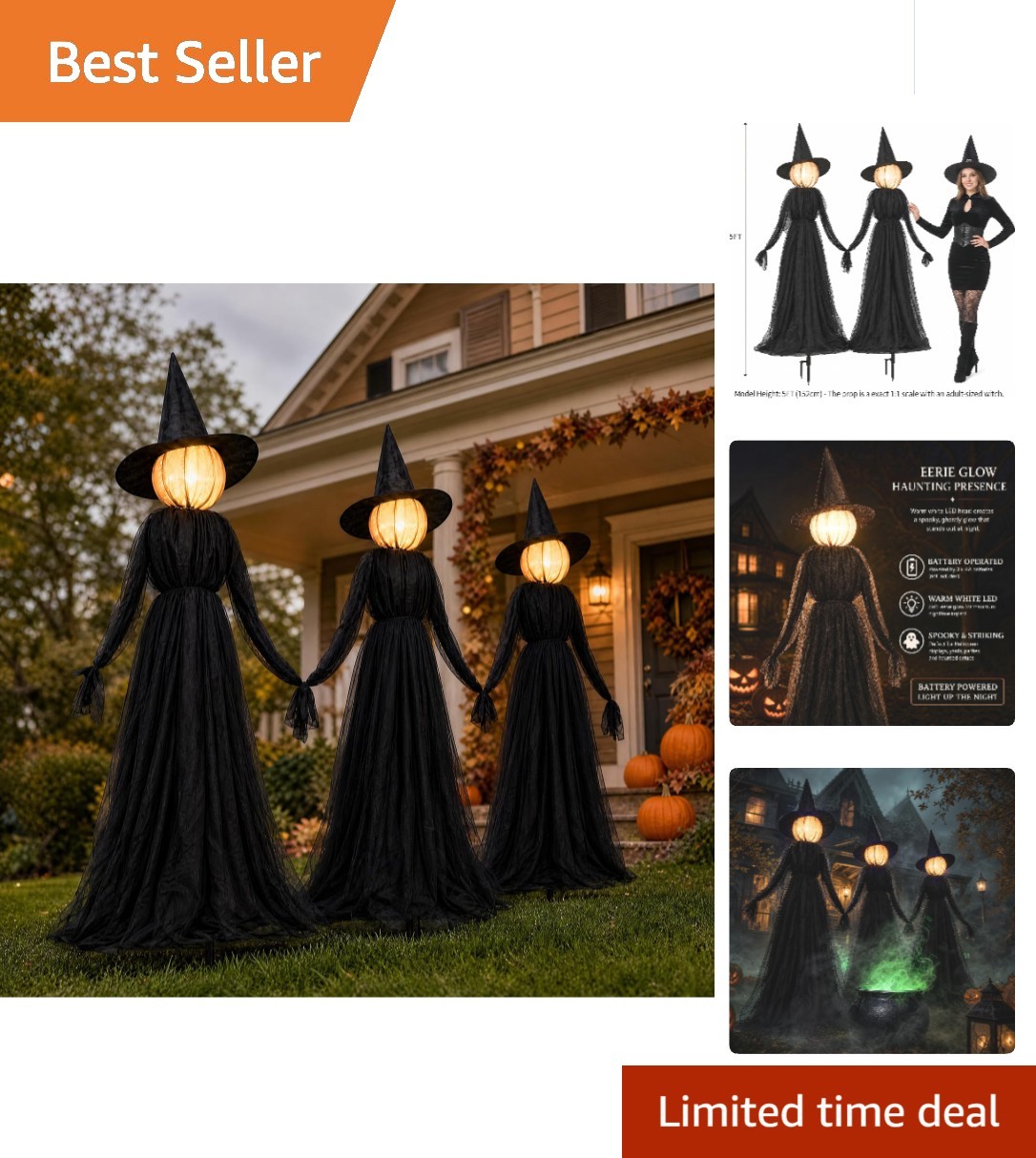 Halloween Witch Decorations Outdoor, 5FT Set of 3 Lighted Witches