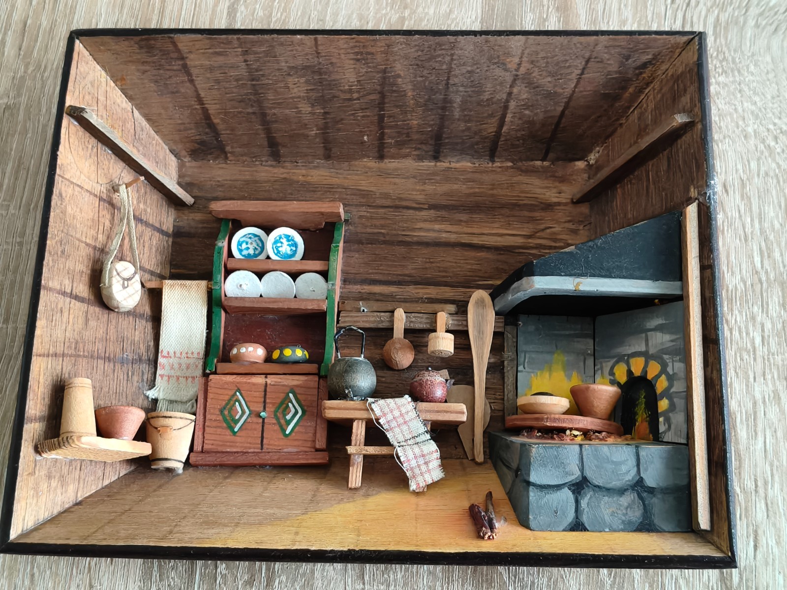 Vintage Finnish Wood Miniature 3D Shadow Box Diorama Kitchen Folk Art Finland