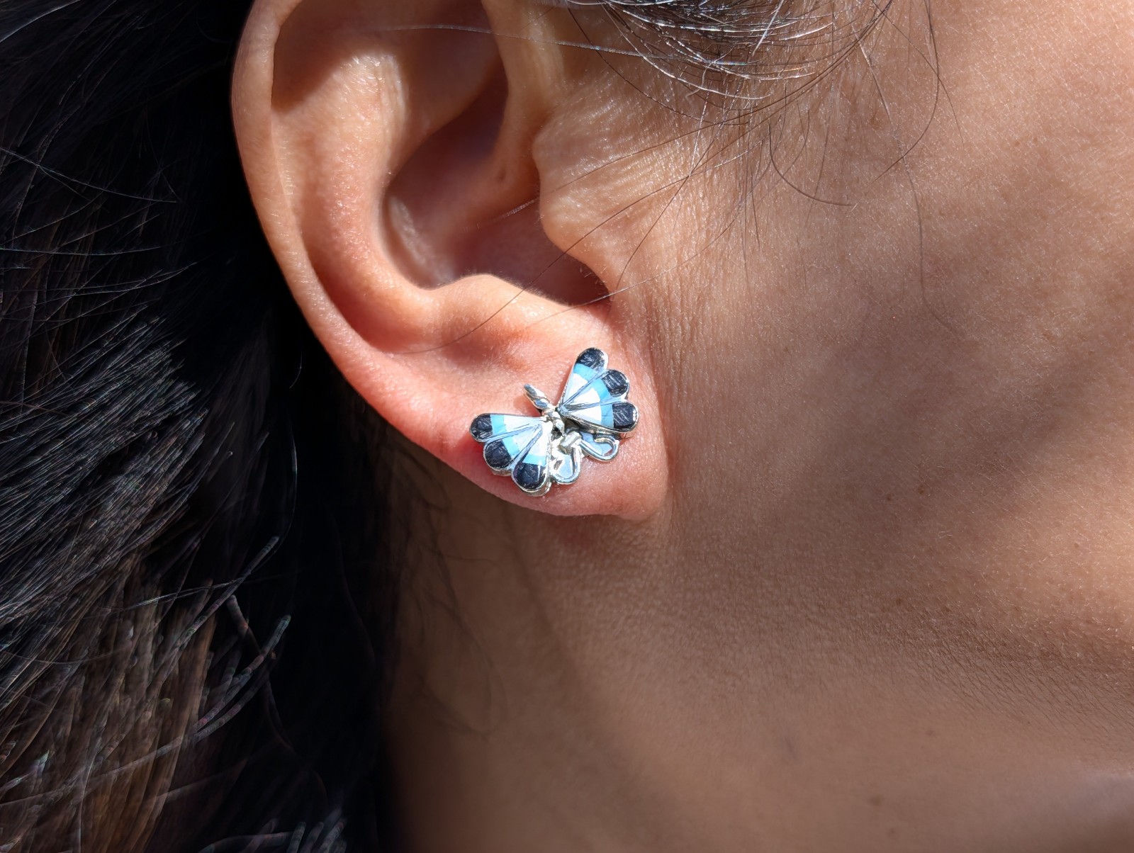 Zuni Butterfly Inlay Small Stud Earrings Sterling Silver Handmade Jewelry
