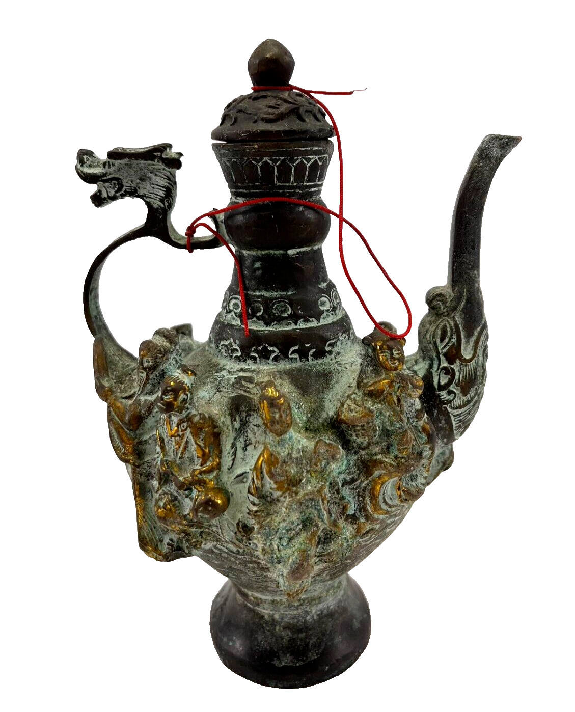 Vintage Chinese 8 Immortals Bronze Lidded Wine Pot Dragon on Handle Marked
