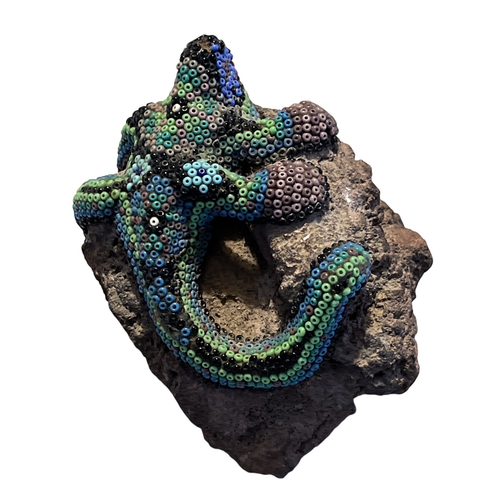 Huichol Art Brightly Colored Beaded Lizard Iguana on Rock Figurine Huichol Art Brightly Colored Beaded Lizard Iguana on Rock Figurine